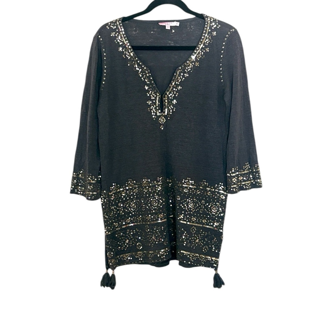 Calypso St. Barth tassel top heather gray with gold/silver embroidery/sequin, M